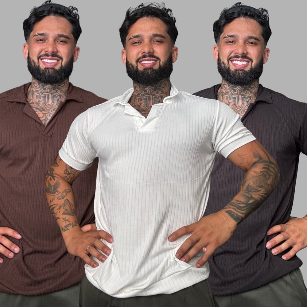 Camiseta Masculina Verão de Cor Sólida em Malha canelada old money