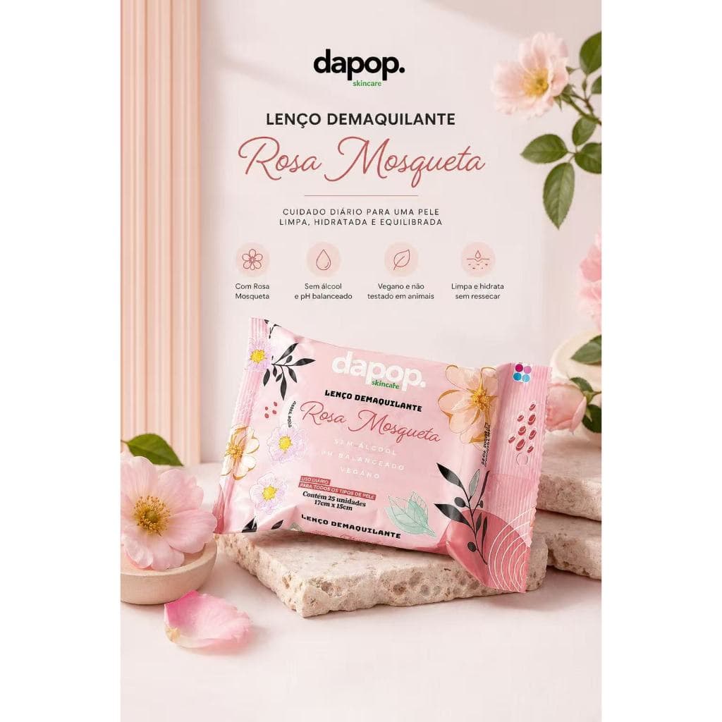 Lenço Demaquilante Rosa Mosqueta Dapop c/ 25 Unidades – Remove Maquiagem à Prova D’Água | Vegano e Sem Álcool