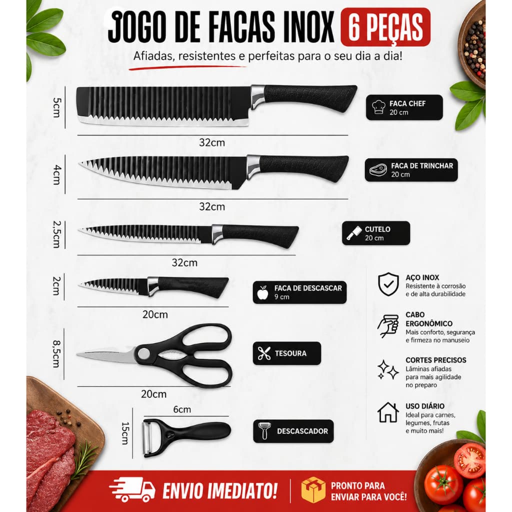 Jogo de Facas  Profissional com Tesoura e Descascador Cozinha 6 Peças Preta Inox Ultra Afiada