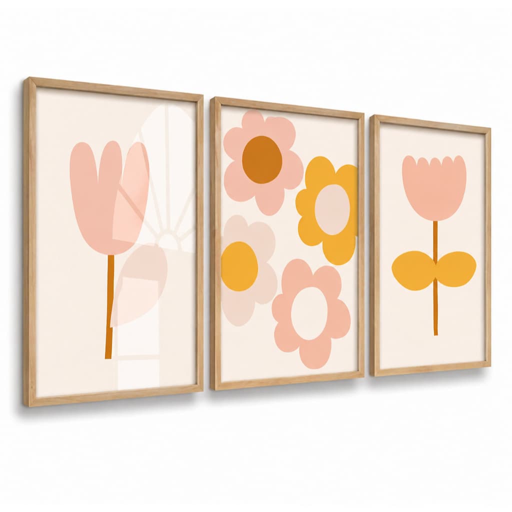 Kit 3 Quadros Decorativos Infantil | Flores, Jardim, Delicado, Floral | Quarto Menina - No265