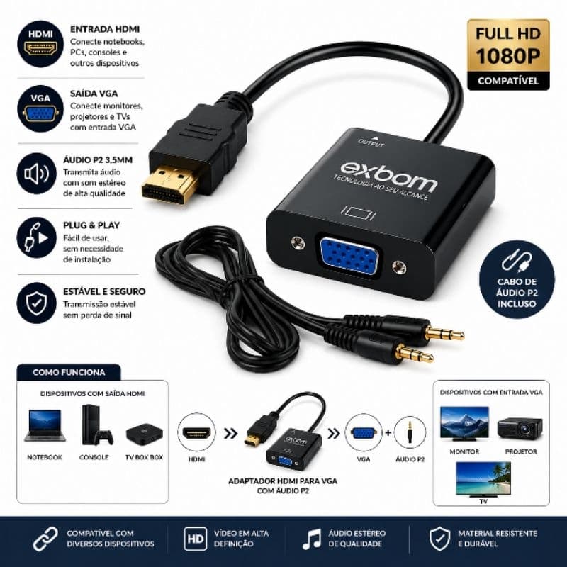 Cabo Conversor Adaptador Hdmi Para Vga Com Saída P2 Áudio