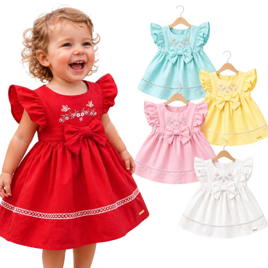 Vestido Infantil Bebê Rodado Manga Babado Duplo Bordado Floral e Detalhe em Laço Vestidinho Baby