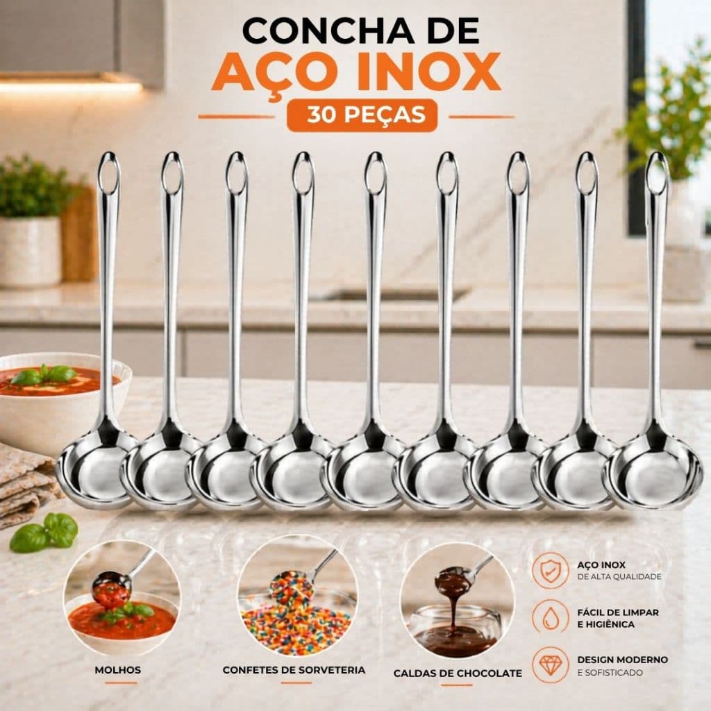 Kit 30/20/10 Mini Concha Pequena 16 Cm em Aço Inox Molho Calda Farofa Sobremesa Sorveteria