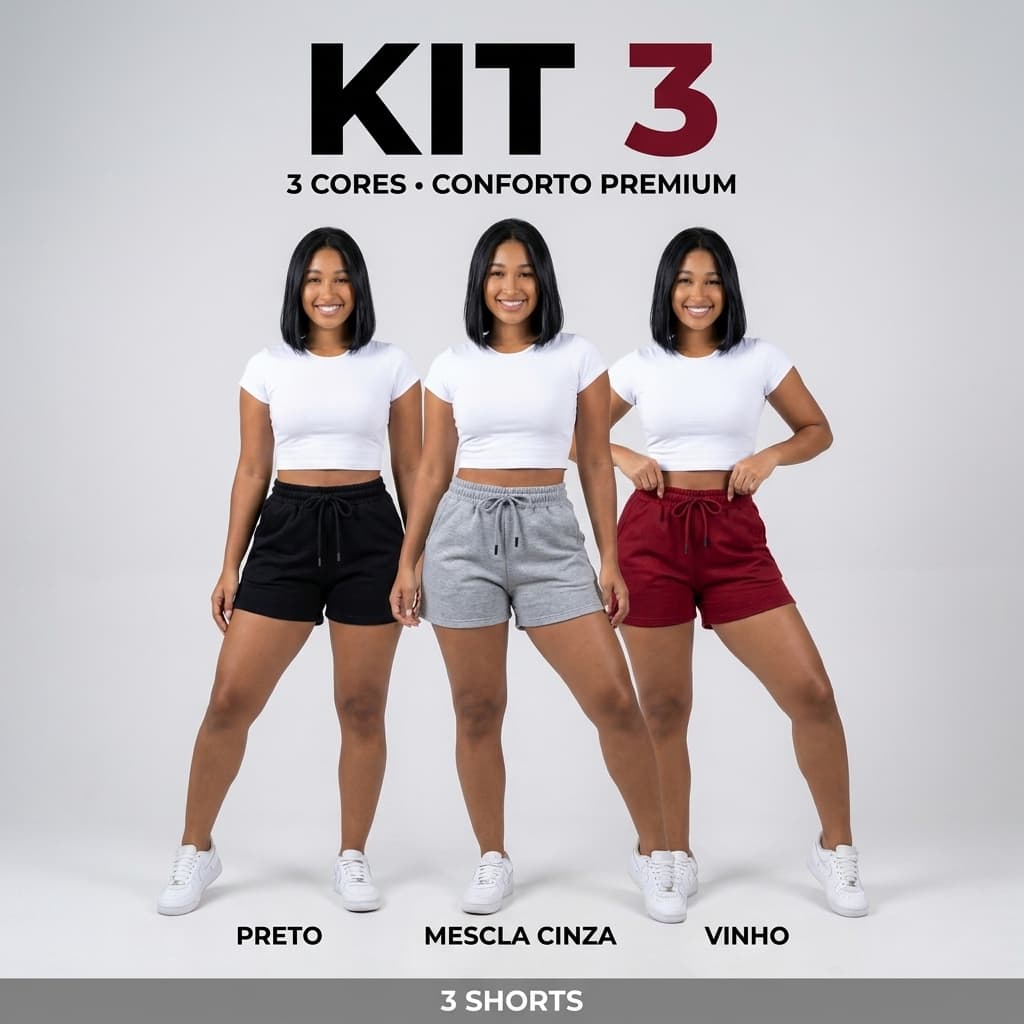 Kit Com 3 Peças Short Feminino Moletinho Bolso e Amarra Moda Caimento short modela corpo