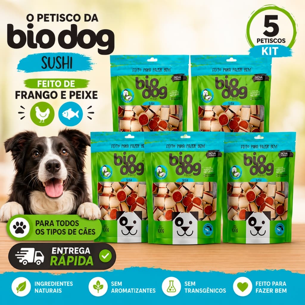 Kit 5 Bifinho Petisco Natural Snack Biscoito Para Cães Biodog Mordedor Gourmet Sushi