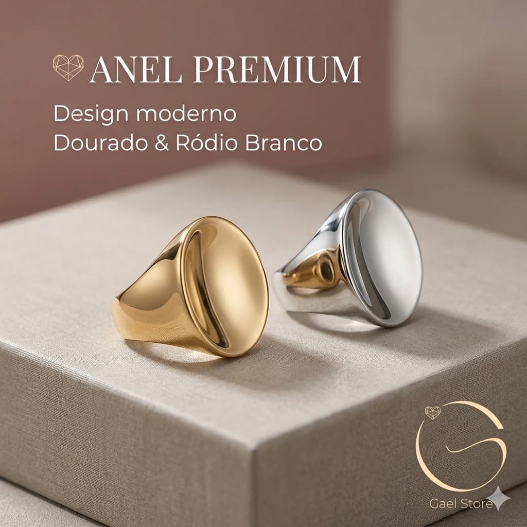 Anel Feminino Grande Dourado ou Ródio Branco – Design Moderno Minimalista Luxo Elegante
