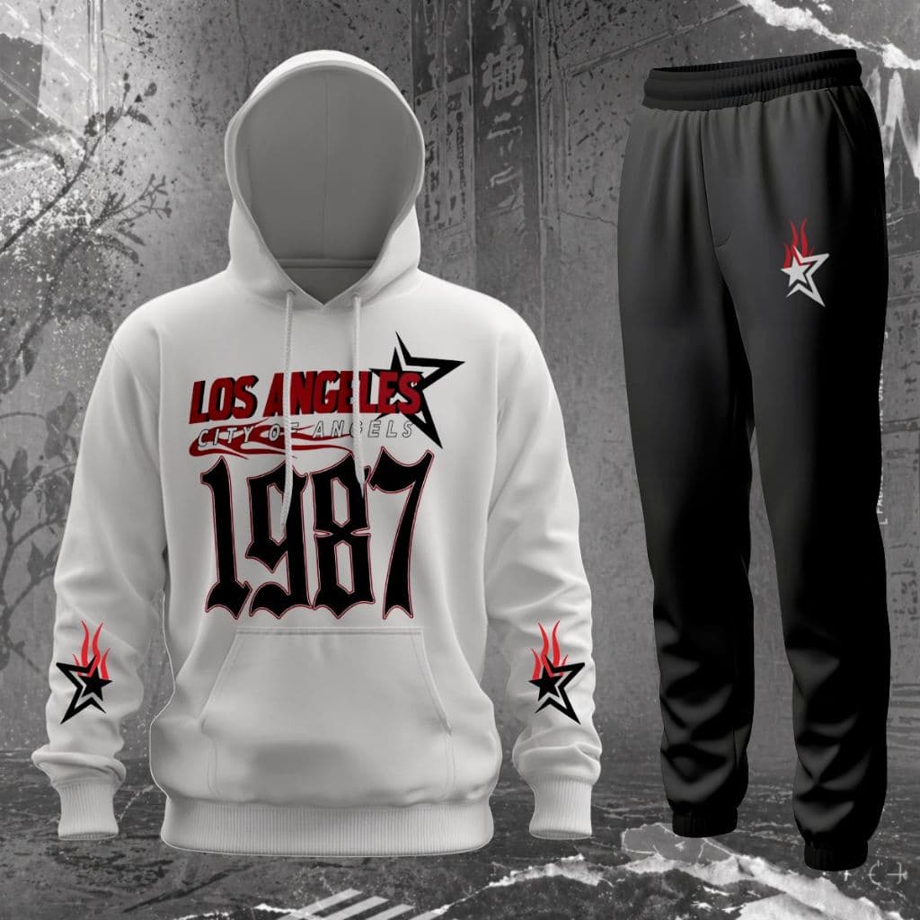 Conjunto De Moletom Los Angeles 1987 Kit Calça E Blusa De Frio Canguru Com Capuz E Bolso