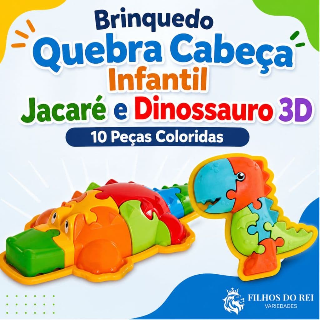 Brinquedo Quebra Cabeça Infantil Jacaré 3D Brinquedo Didático Educativo 10 Peças Coloridas - Usual Brinquedos Colorido