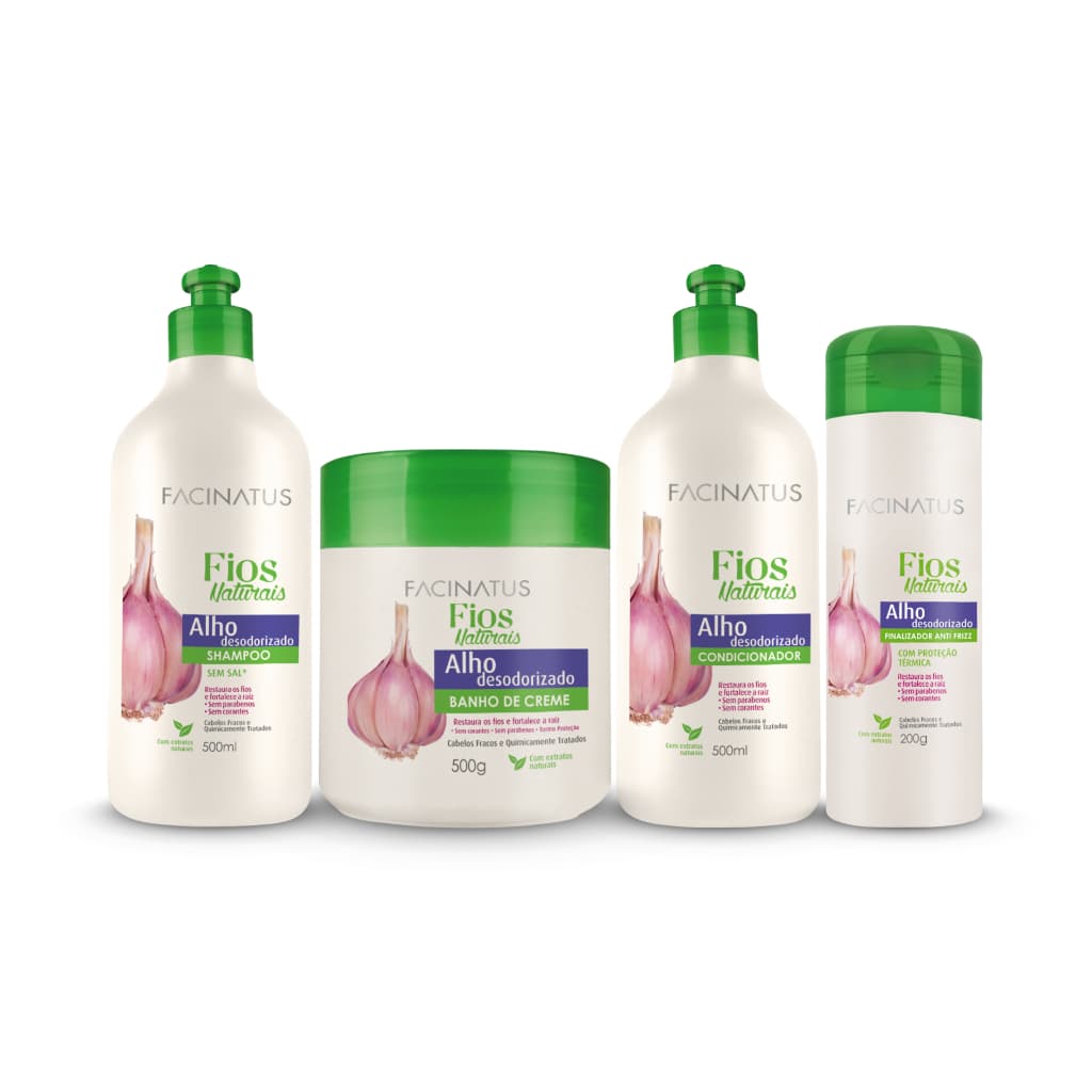Kit Capilar Alho Fios Naturais Facinatus 4 Produtos Fortalecimento Antifrizz e Controle de Volume
