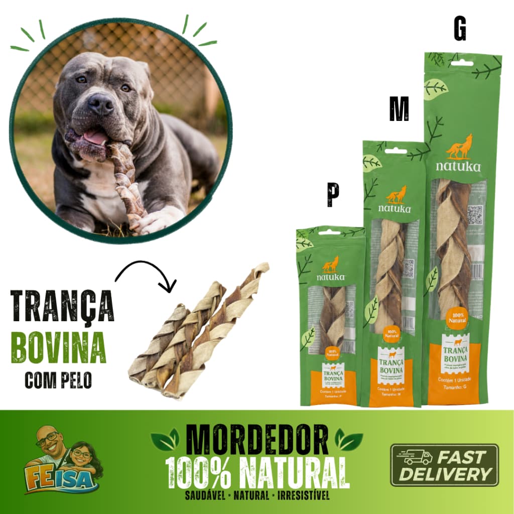Trança de Couro Bovino com pelo  para Cachorro Natuka - Mordedor Natural Pet P M G
