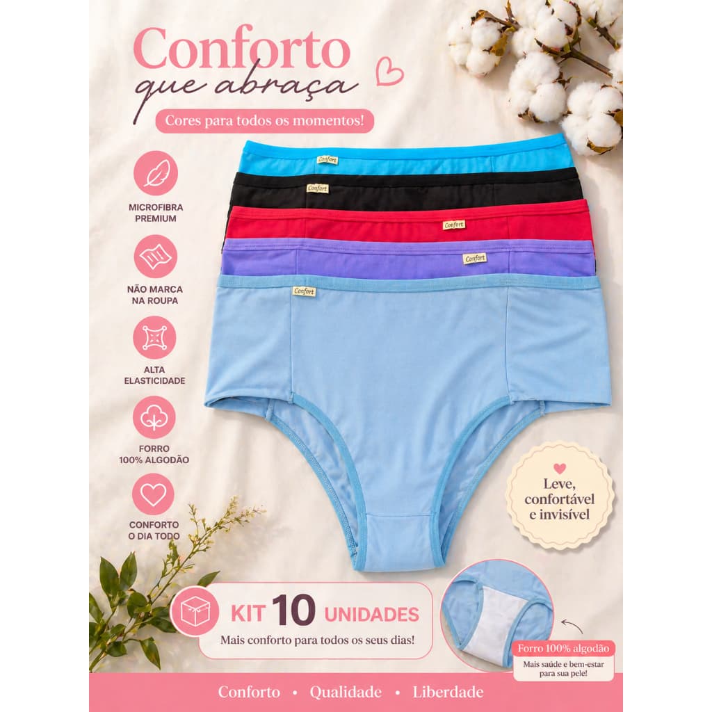 KIT 10 Calcinhas Ruth Microfibra Adulto Confortável Pala Dupla Cintura Alta Cores Variadas Feminina