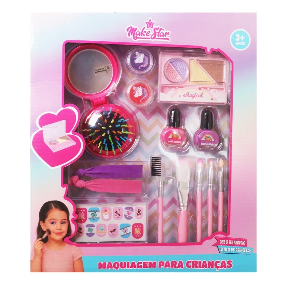 Kit Maquiagem Infantil com Pincéis Acessórios de Cabelo Espelho Brinquedo