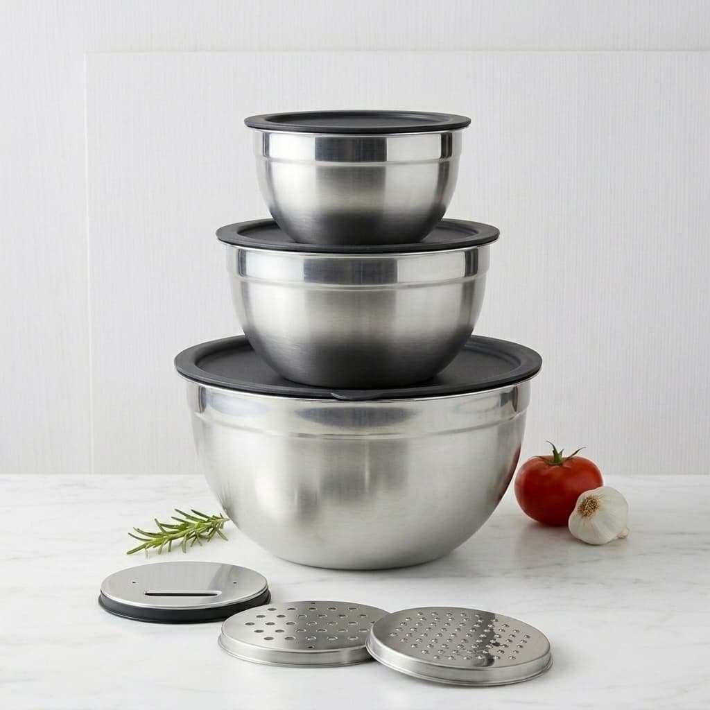 Conjunto Bowls Inox com Tampa e 3 Raladores para Preparos na Cozinha