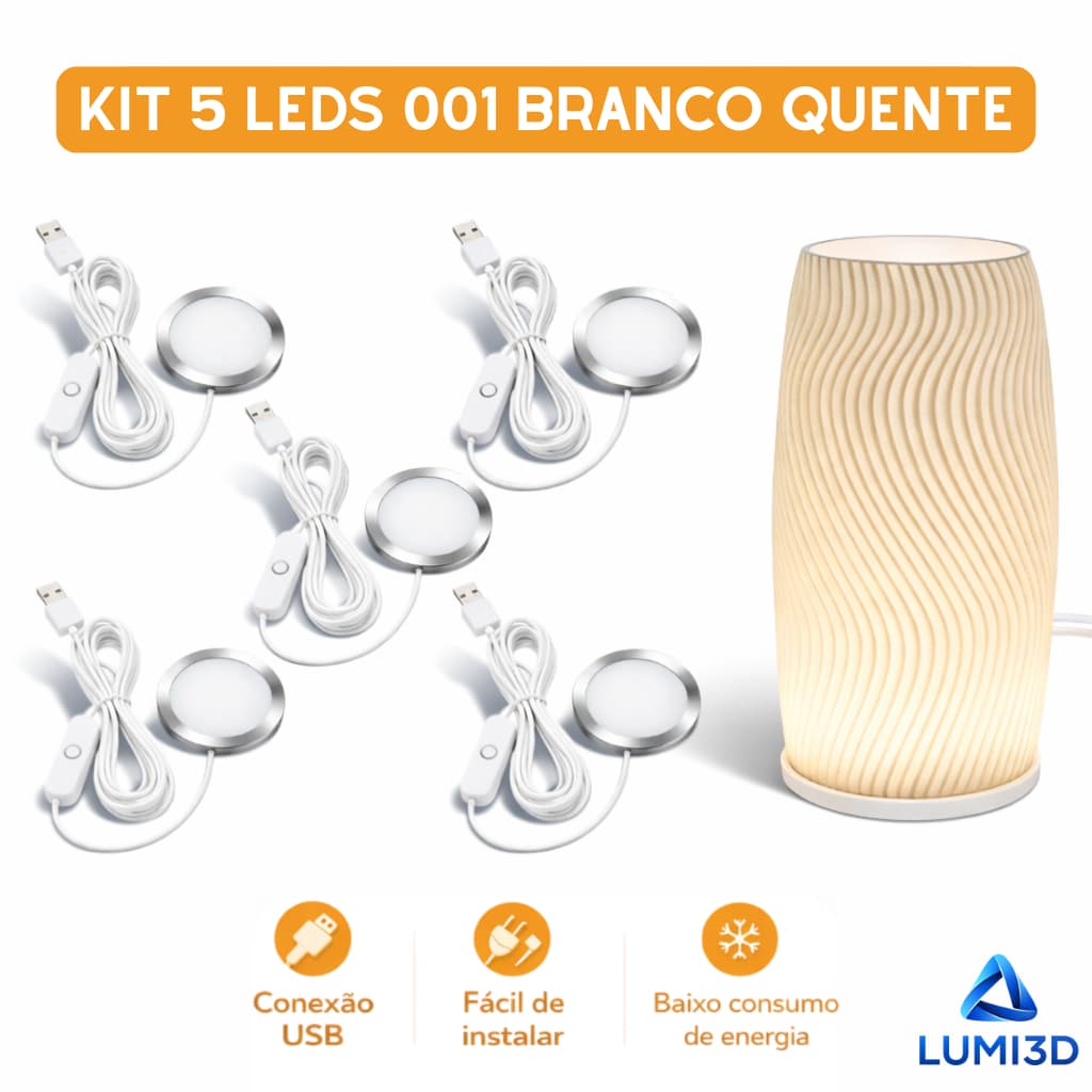 Kit 5x LED 001 Branco Quente USB 5V para Impressora 3D Bambu Lab Projeto DIY