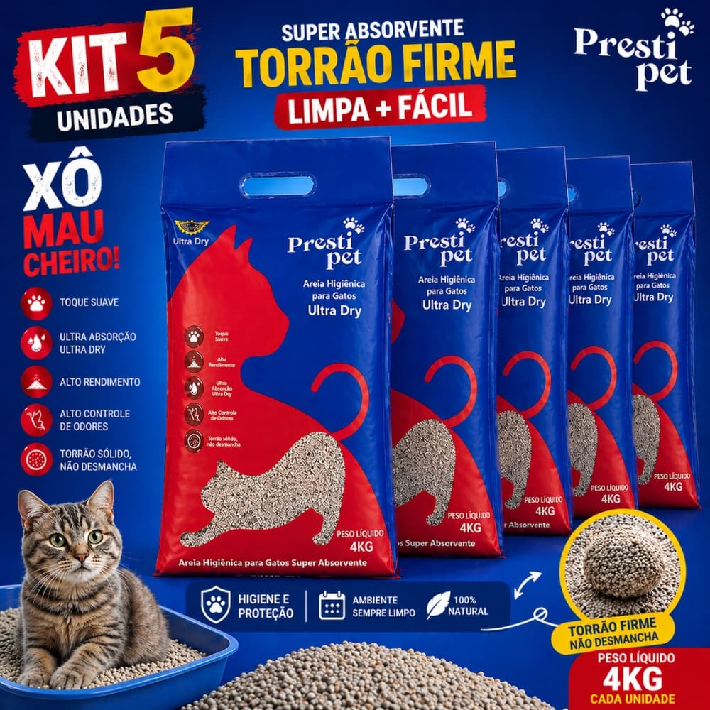 Kit 5 Areia Gato 4kg Ultra Dry Super Absorvente Torrão Firme Sem Cheiro