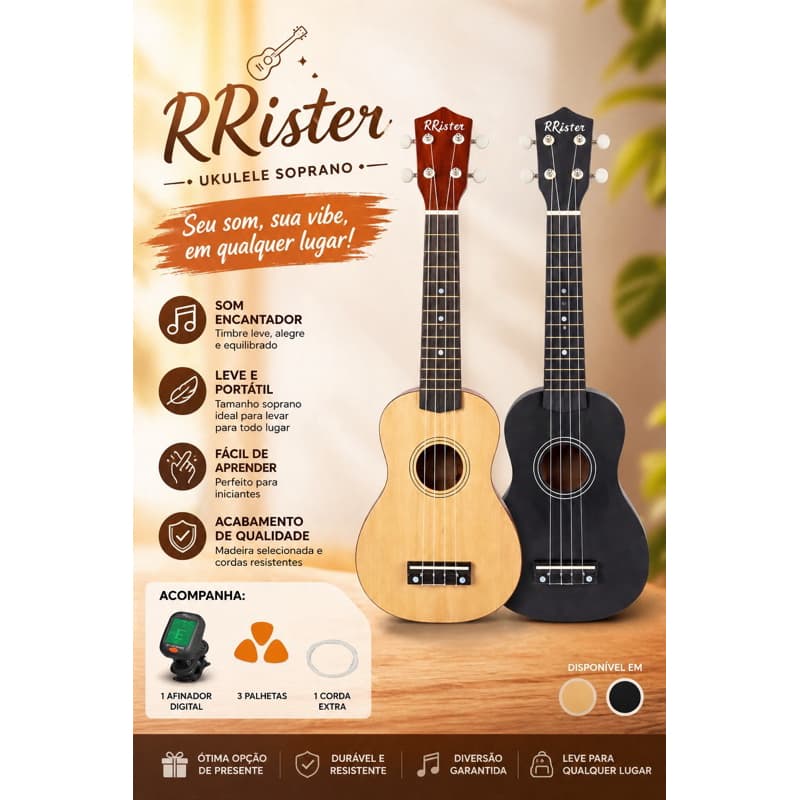 Ukulele Acústico Soprano RRister Musica Instrumento Musical Criança Adulto