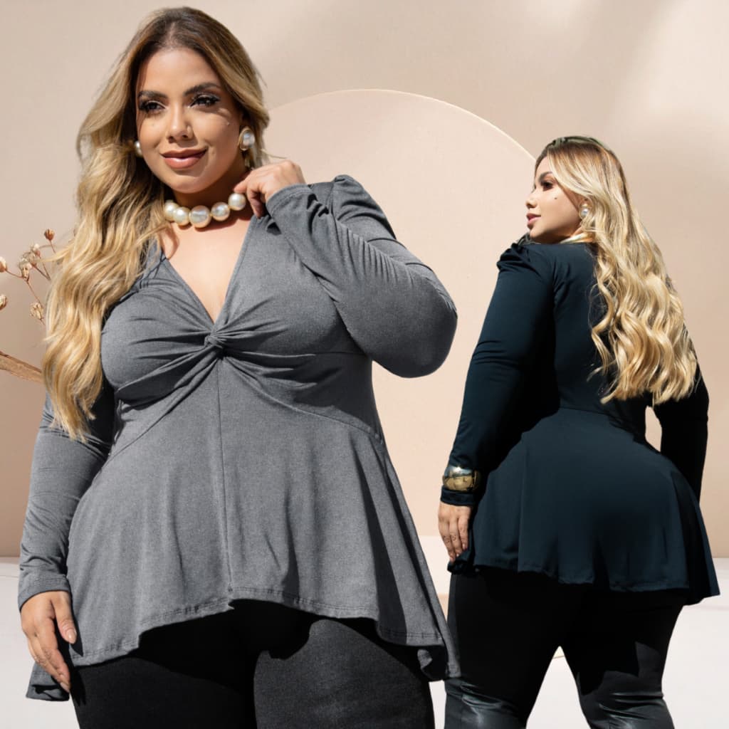 Blusa Plus Size Mullet Alongada Long Line Tapa Bumbum Detalhe Nó Soltinha