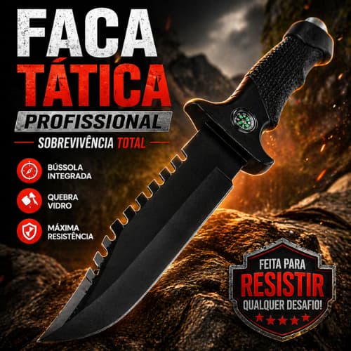 Faca de Sobrevivência Aço Inoxidável Ultra Resistente com Bússola Cabo Anatômico Camping Tático Profissional