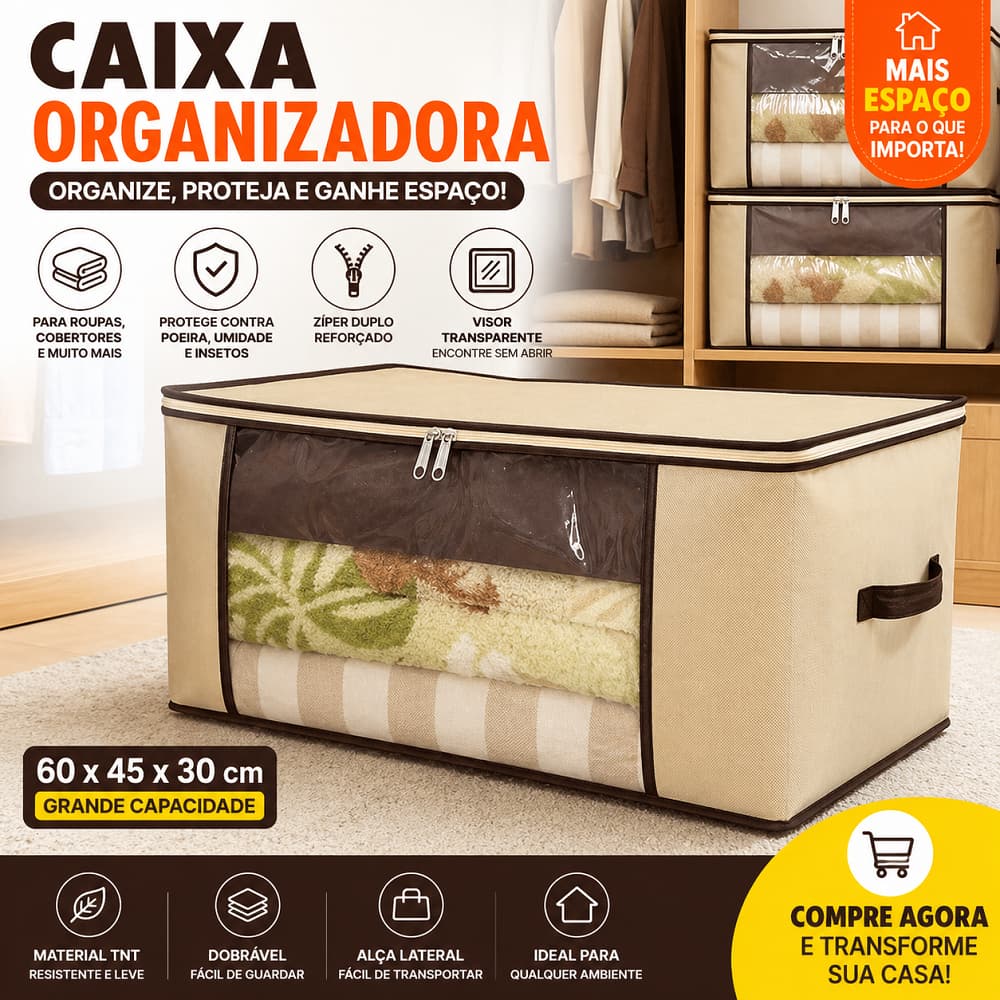 Caixa Organizadora Multiuso TNT Marfim com Zíper Visor Transparente Anti-Poeira Roupas e Acessórios