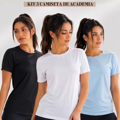 Kit Camiseta Academia Feminina Esportiva Dry Fit Baby Look Respirável 3 Pçs.