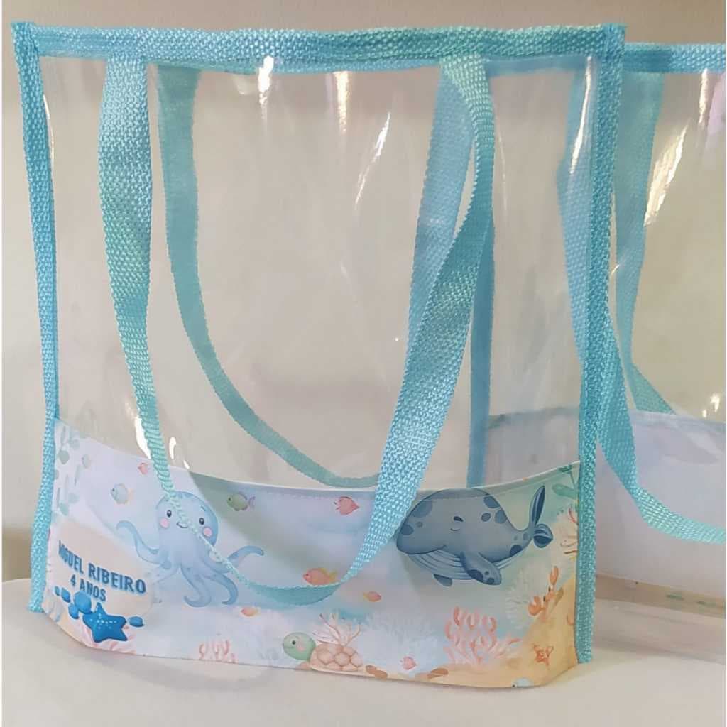 15 Bolsas Transparente Joy G - Tarja Personalizada - Bolsa Praia - Bolsa Piscina - Sacola Praia