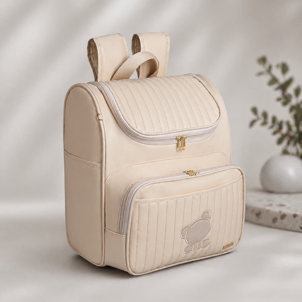 Mochila Maternidade Bege c/ Urso Bordado Bege