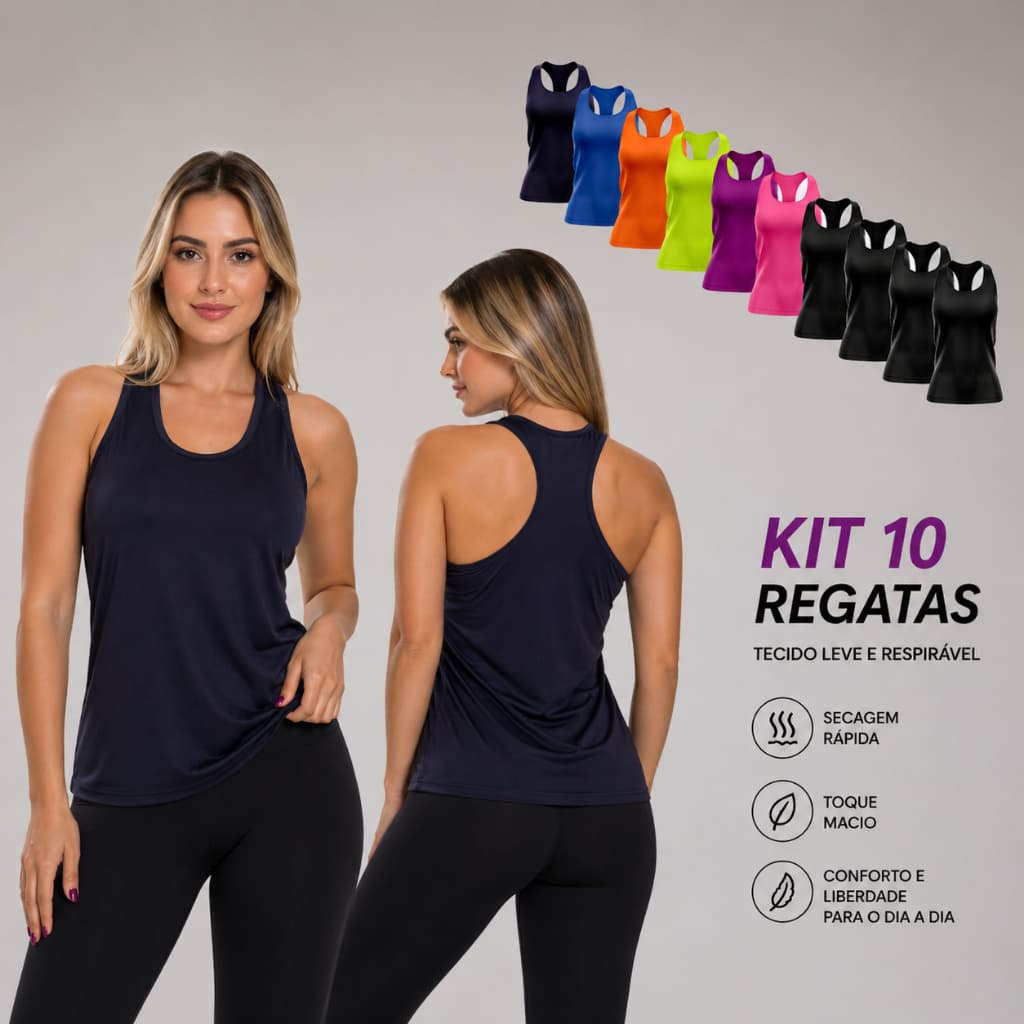 Kit 10 Regatas Nadador Feminina Dry Fit Proteção Solar Para Esportes Treino Academia Crossfit Camiseta Regata Lisa