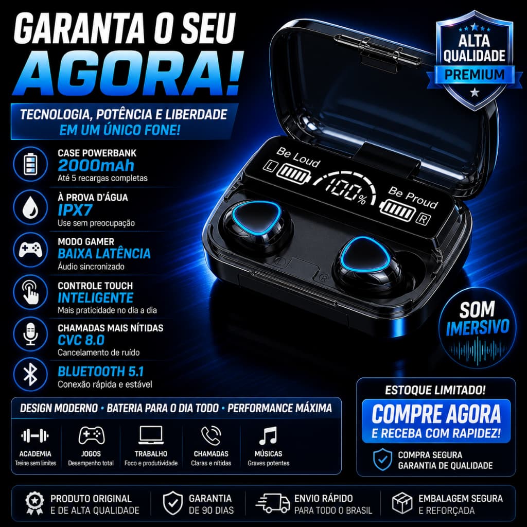 Fone Bluetooth M10 Sem Fio Display LED Powerbank 2000mAh Gamer IPX7 Alta Qualidade