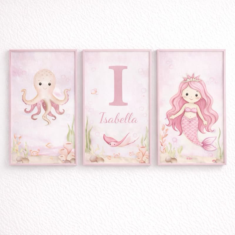 Kit 3 Quadros Decorativos Infantil Fundo do Mar Sereia Personalizado com Nome