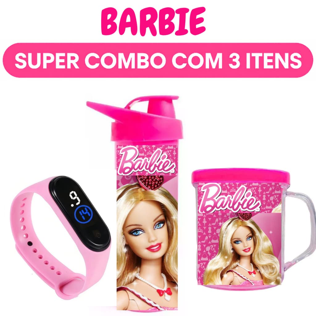 BARBIE Garrafa de Água Copo e Rrelógio Digital Infantil - Presente Aniversário - C Nome da Criança