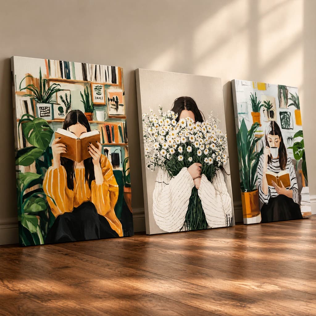 Kit 3 Quadros Decorativos Mulheres Lendo Livro Café e Flores MDF 3mm Arte Moderna para Sala Quarto