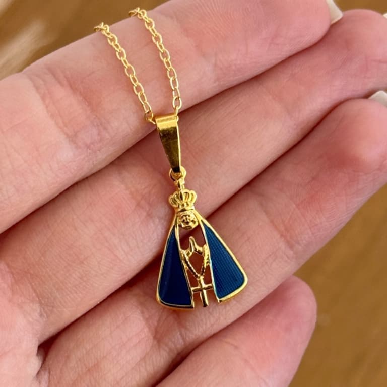 Colar Banhado a Ouro 18k Nossa Senhora Aparecida Azul Presente Mãe