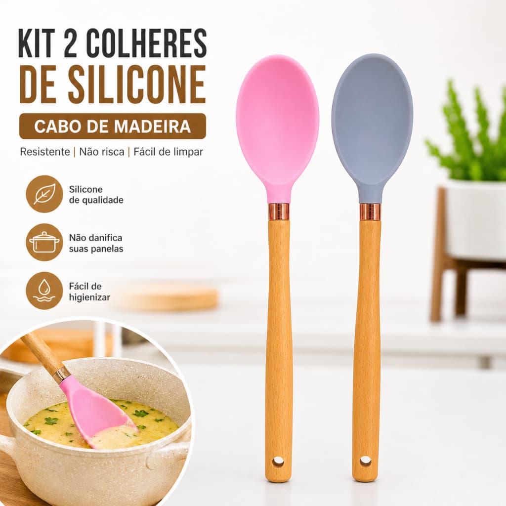 Kit 2 Colheres de Silicone Premium - Cabo em Madeira e Detalhe Rose Gold - Anti-Risco