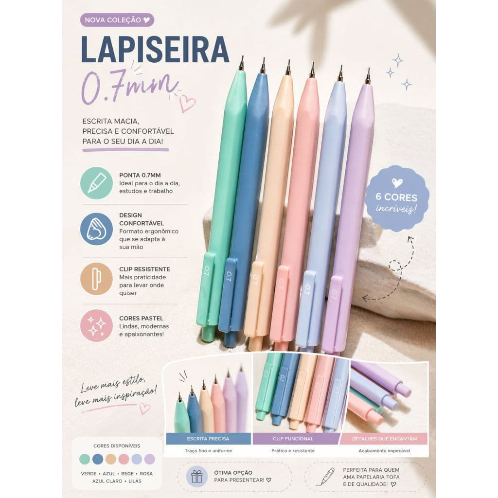 Kit com 6 e 3 lapiseiras 0.7mm na cor pastel | Escrita Macia e Precisa | Ideal para estudos e escritório