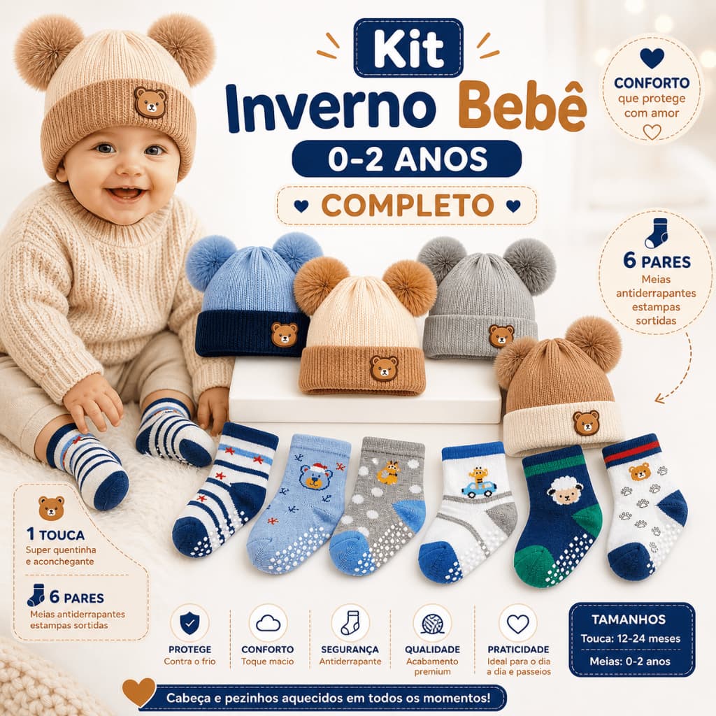 Kit Touca Forrada Ursinho + 6 Pares de Meia Infantil Touquinha Gorro Pompom Ursinho Infantil Menino
