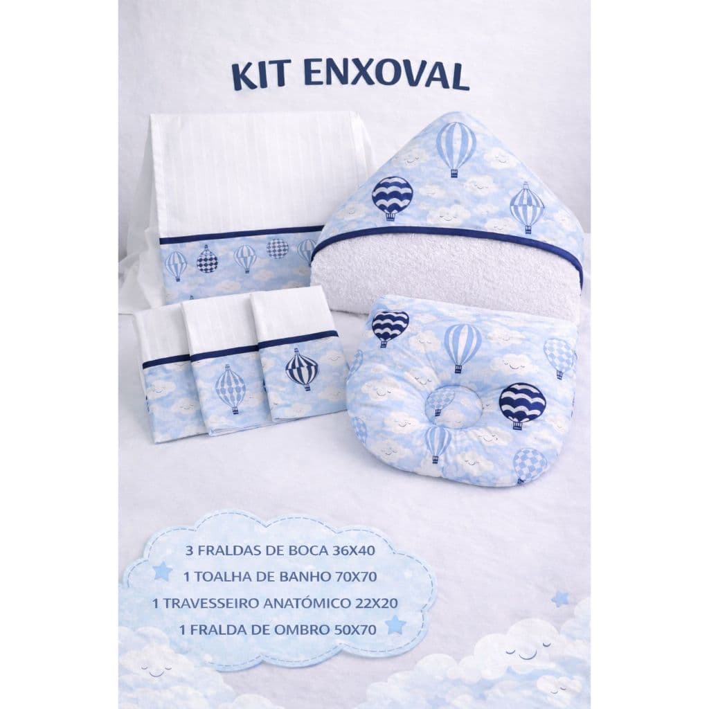 Kit Enxoval bebê menino 3 fraldas De Boca 1 Toalha De Banho 1 Fralda De Ombro e 1 Travesseiro Anatômico 100%Algodão
