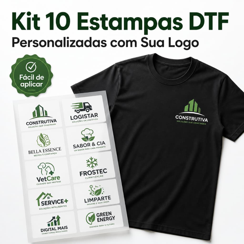 kit 10 estampas DTF para camiseta logo empresa uniforme blusa textil facil aplicar ferro de passar
