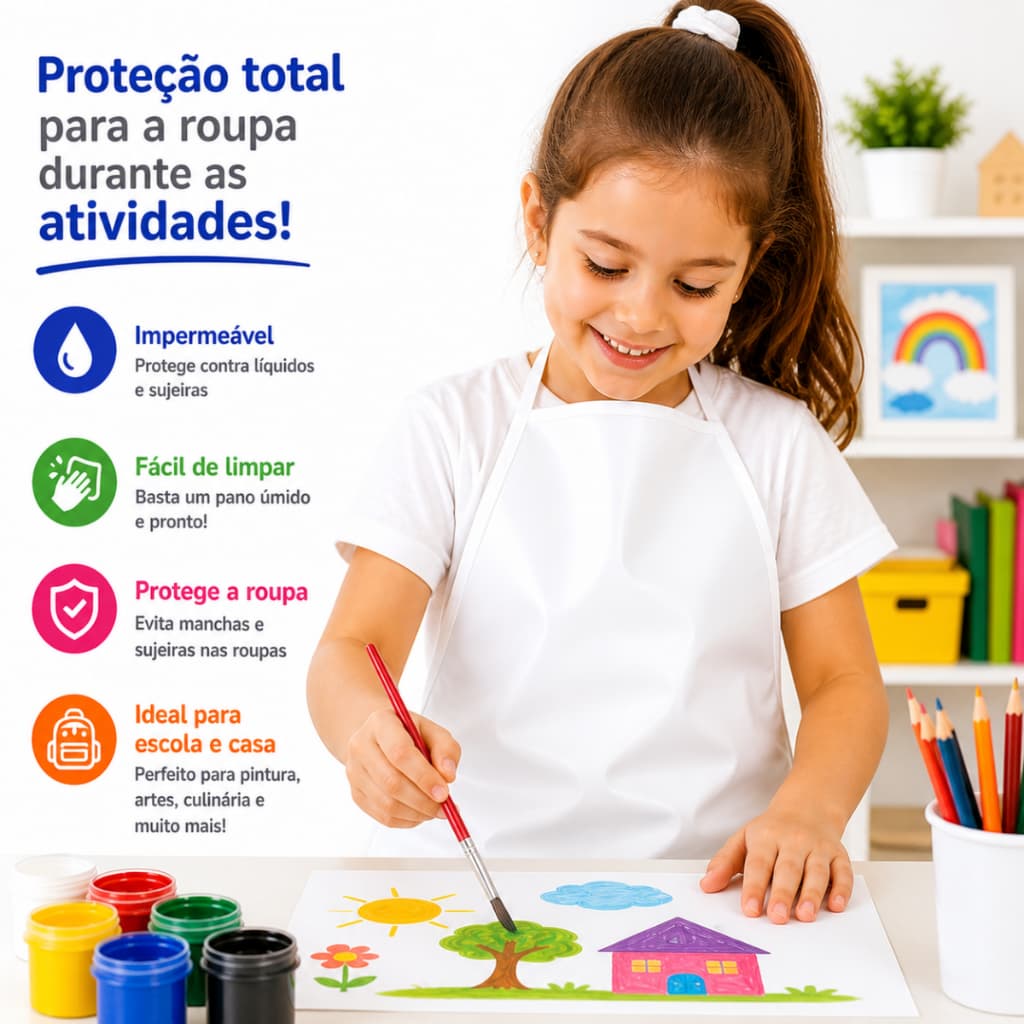 Avental Infantil Impermeável Escolar Proteção Pintura Cozinha Resistente Branco