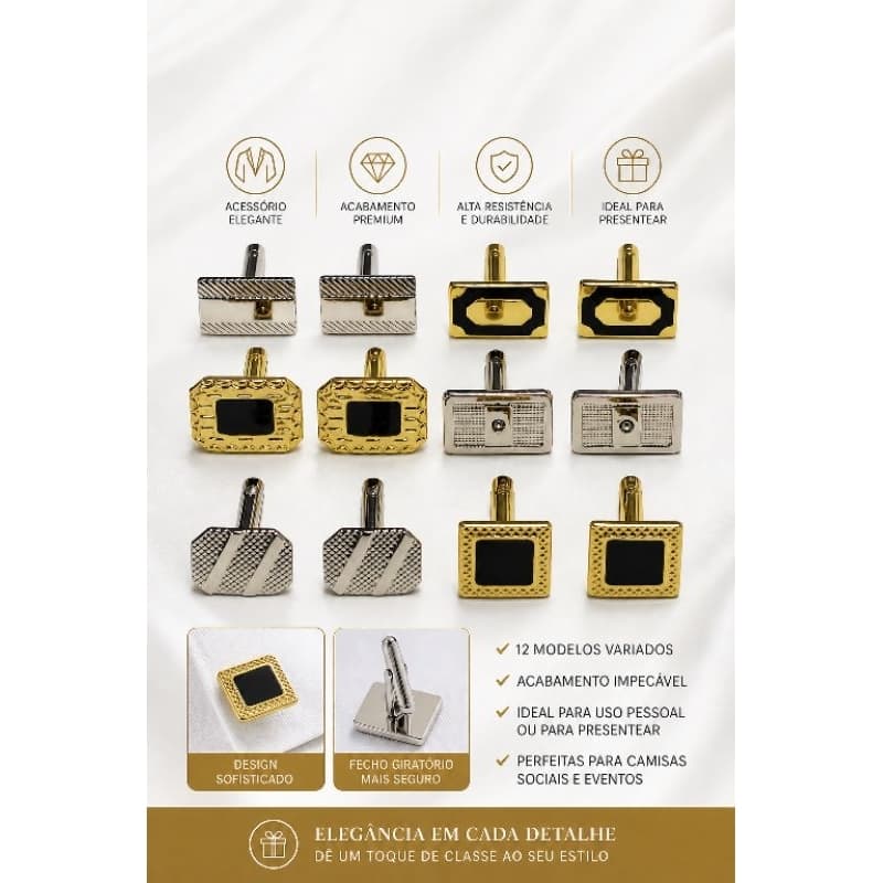 Abotuadura masculina kit com 02-pares para camisa manga longa em metal de ótima qualidade