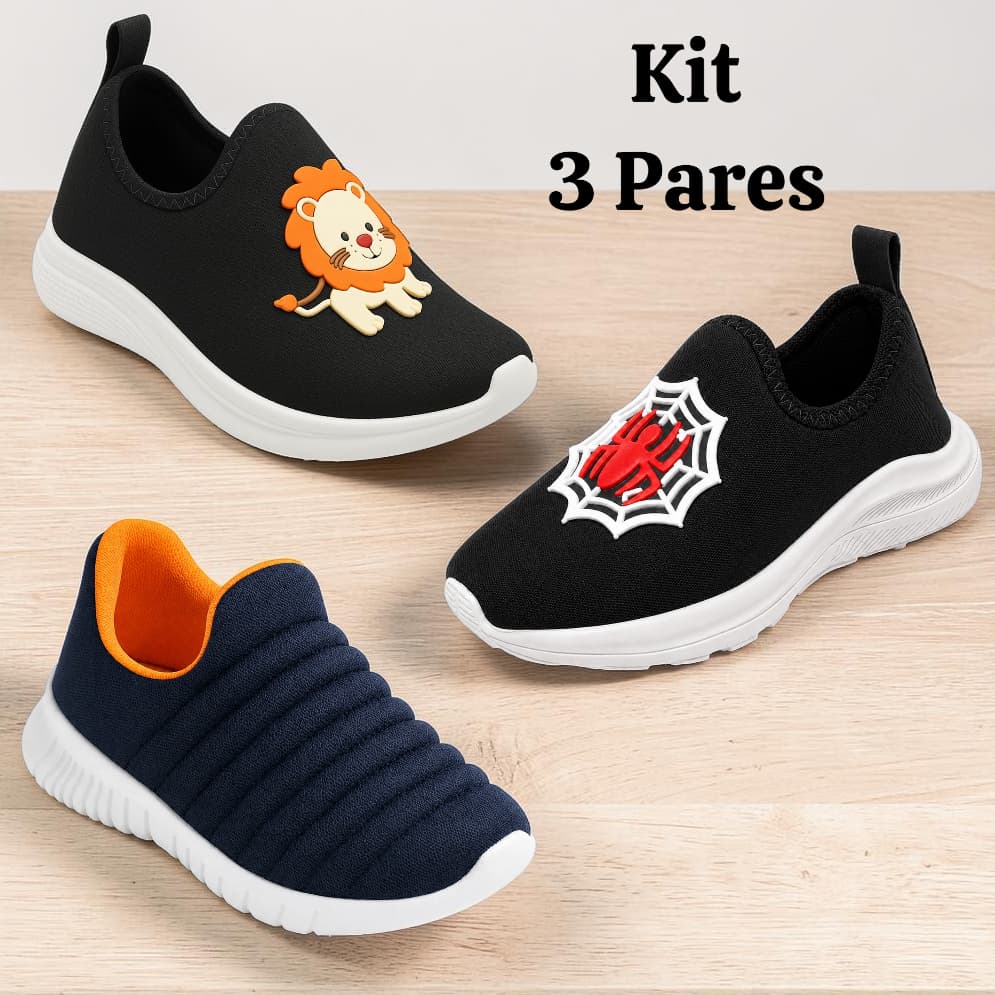 Kit 3 Pares Tênis Infantil Menino Calce Fácil Confortável Casual