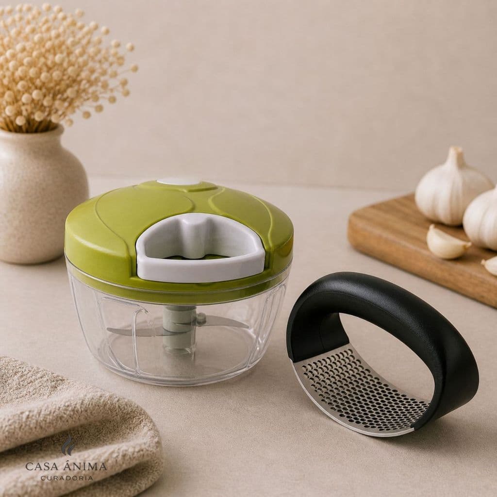 Conjunto Processador De Alimentos Manual Alho 500ml + Espremedor de Alho Kit Cozinha Rápida
