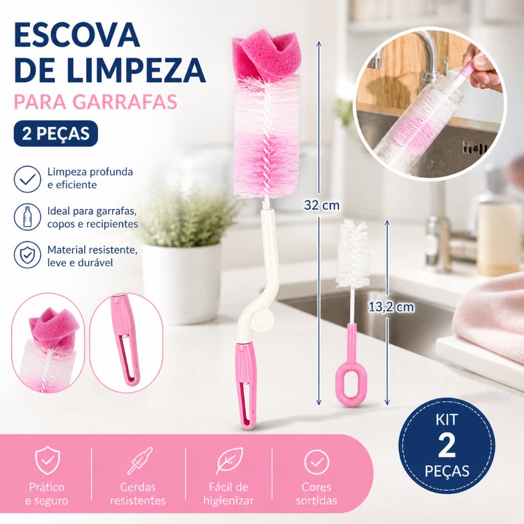 Kit 2 Escova de Limpeza para Garrafas mamadeira e bico 2 Peças Kit Escova Longa + Pequena Multiuso