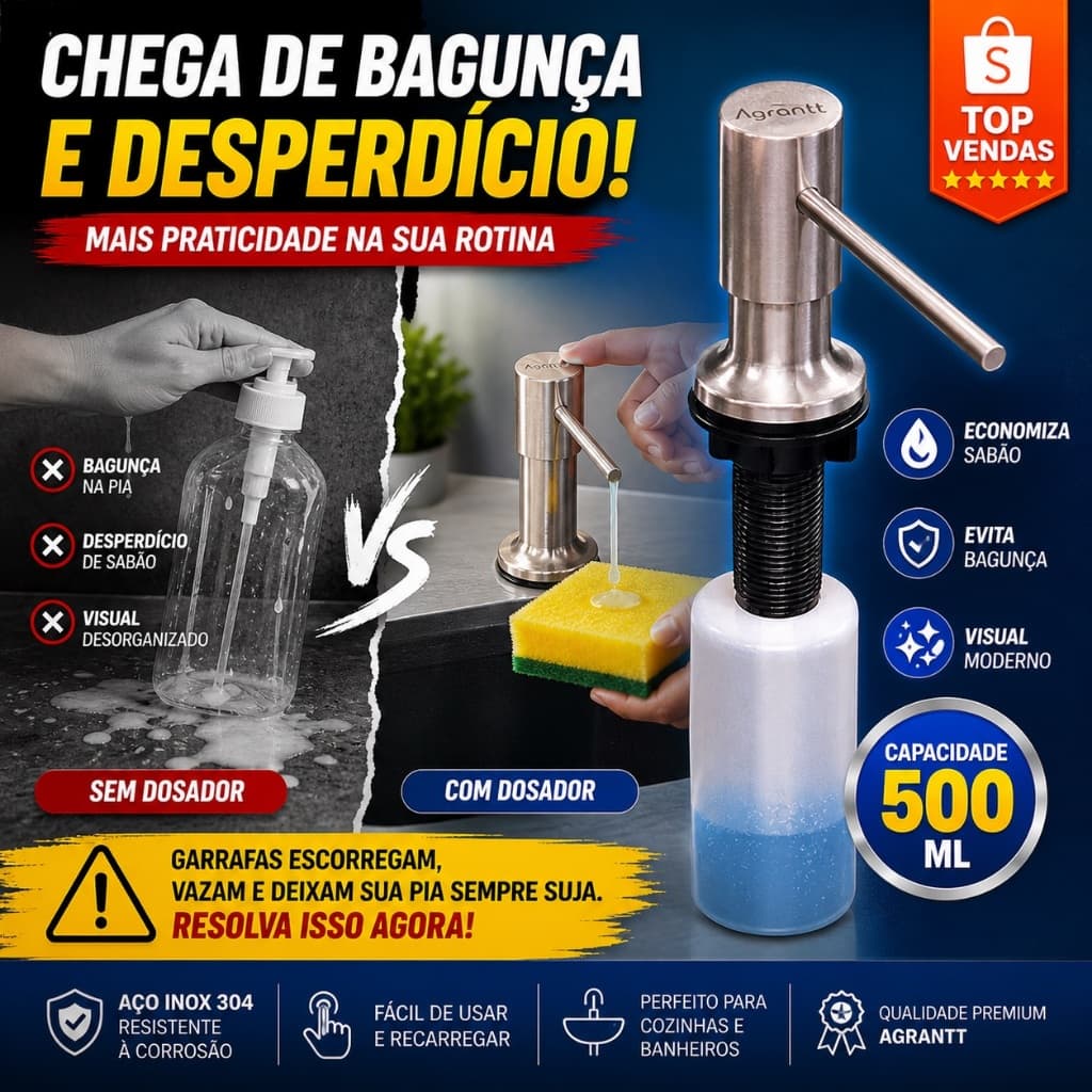 Porta Dispenser Dosador De Sabão Detergente 500ml Inox 304 Escovado Cozinha Banheiro Agrantt