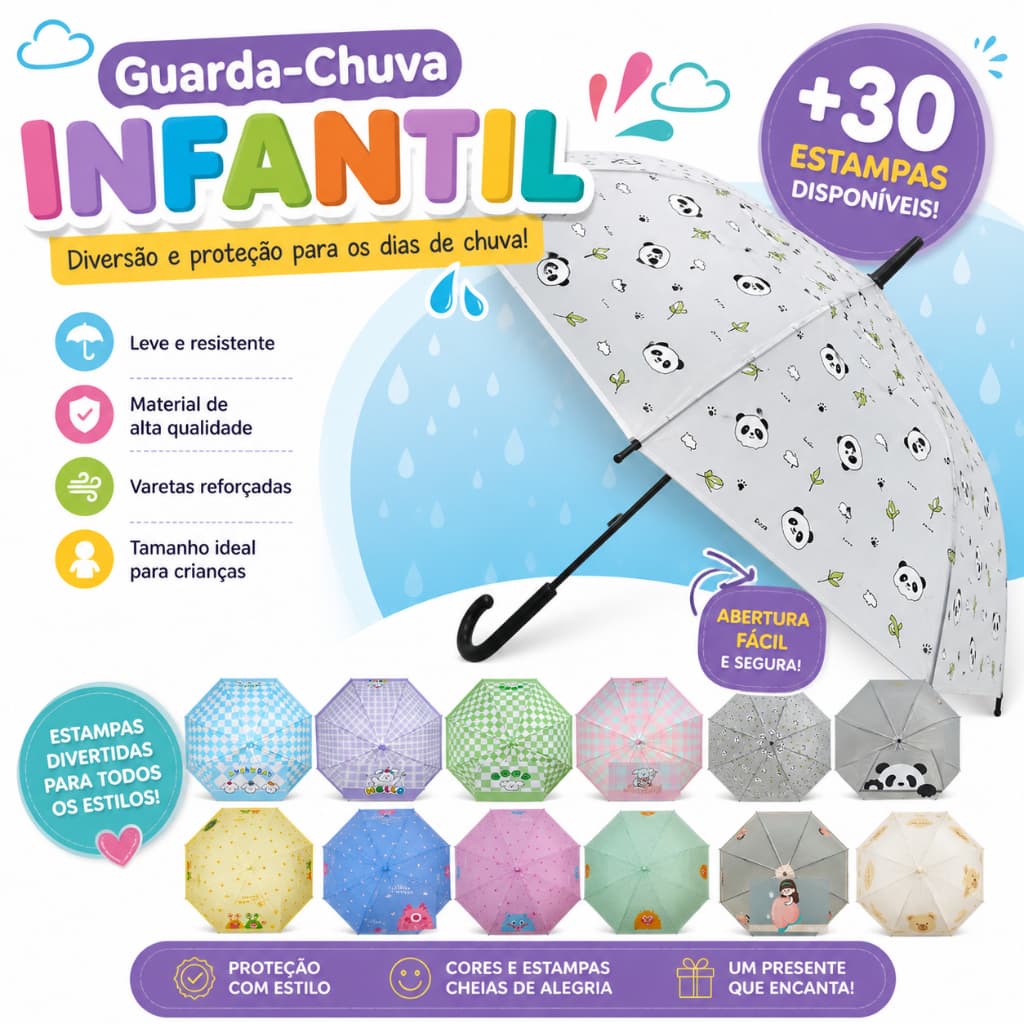 Guarda-Chuva Infantil Divertido +30 Modelos | Colorido, Dino, Pato, Frutas, Panda | Alta Qualidade
