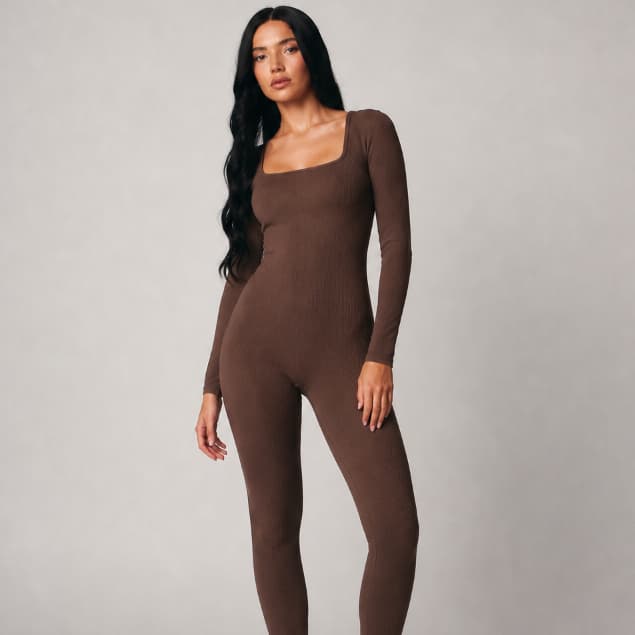 Macacão Longo Feminino Manga Longa Ribana Canelada Justo Elegante Conforto