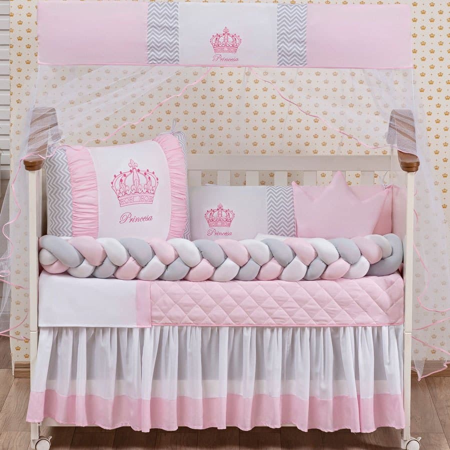 Kit Berço Americano 11 Peças Coroa Rosa Luxo | Protetor Trança Premium Menina Princesa Realeza