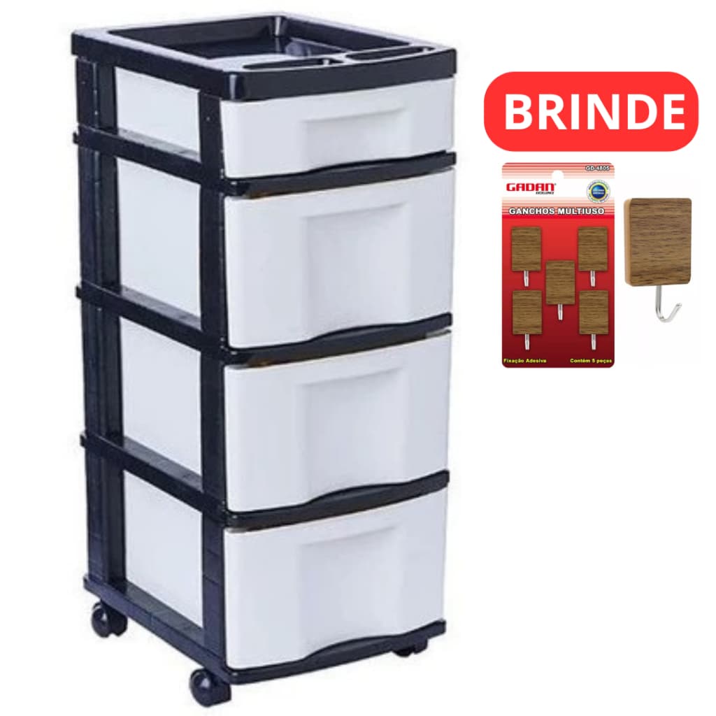 Gaveteiro Plástico Branco 4 Gavetas, Com Rodízios  Agraplast Armação Preta Brinde kit Ganchos.