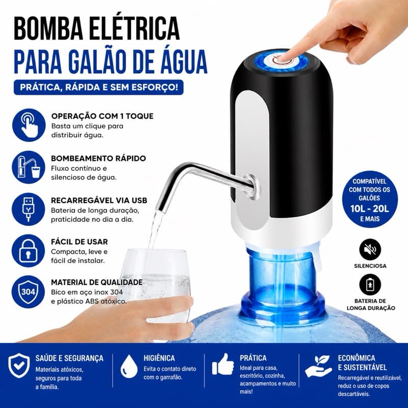 Bomba Para Galão Água Elétrica Garrafão Torneira Filtro USB