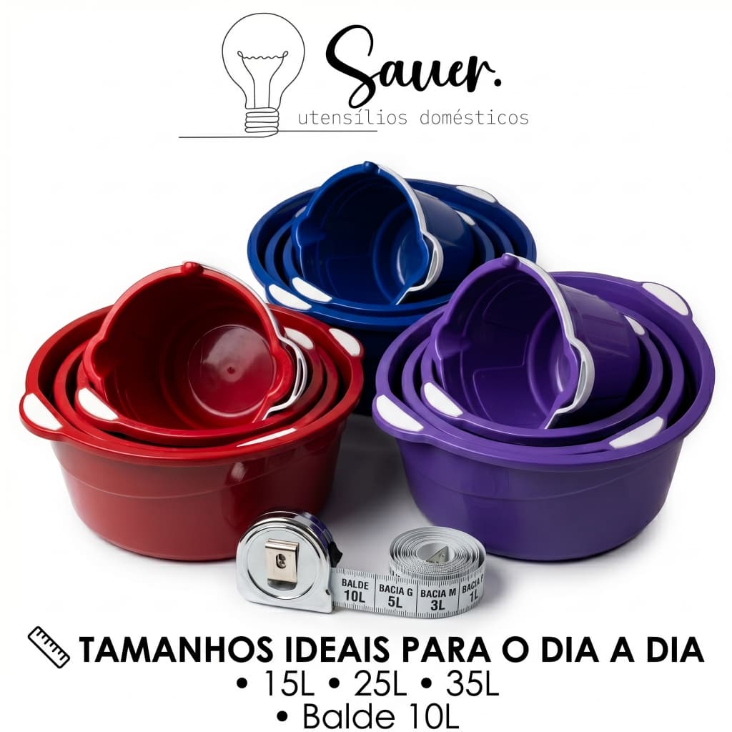 Kit Lavanderia Reforçado 4 Peças Bacias Grandes 35L 25L 15L e Balde 10L Plástico Resistente Acquamar