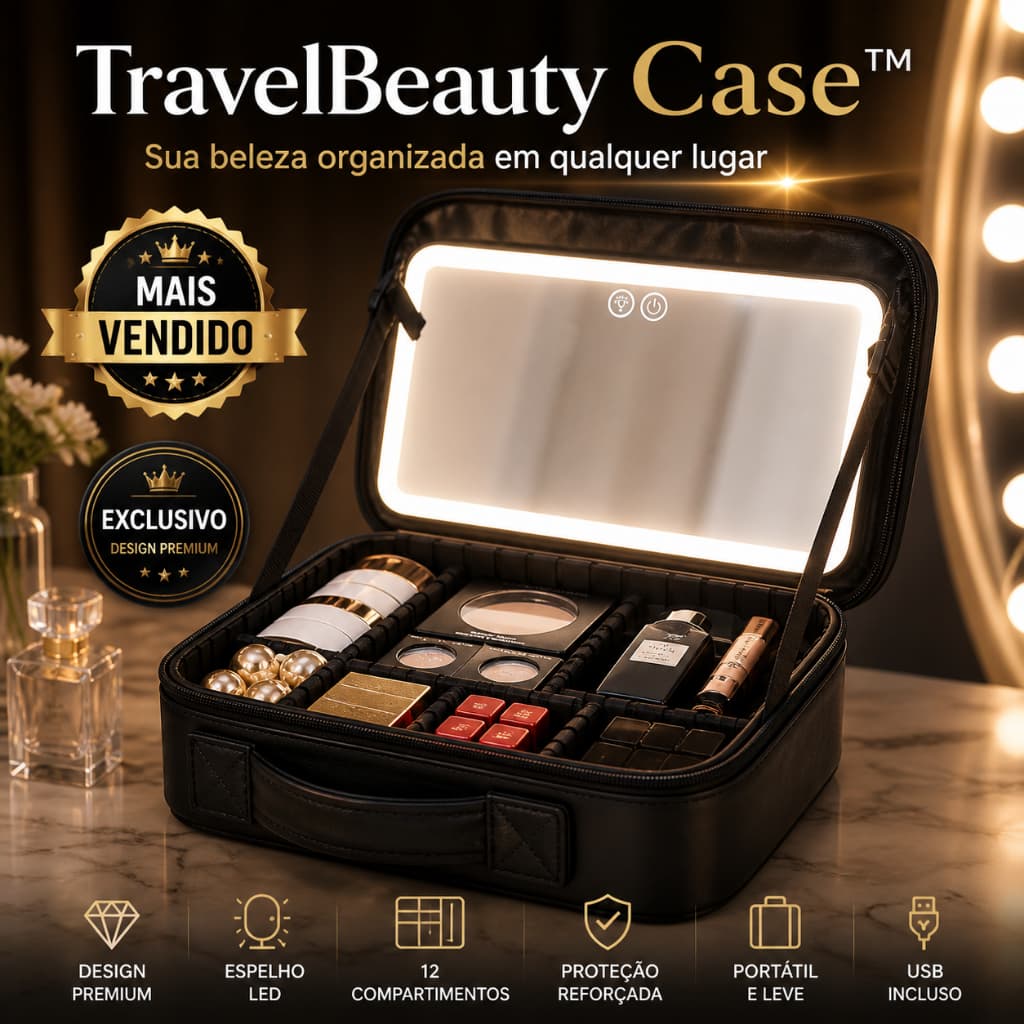 Necessaire Maquiagem TravelBeauty Case™ com Espelho LED Organizador de Cosméticos Portátil Grande com Divisórias Viagem